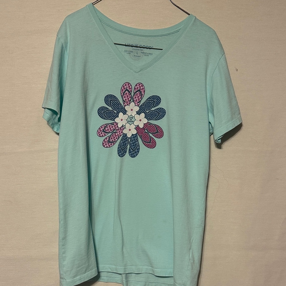 Life Is Good V-Neck Tee with Floral Design - Aqua
